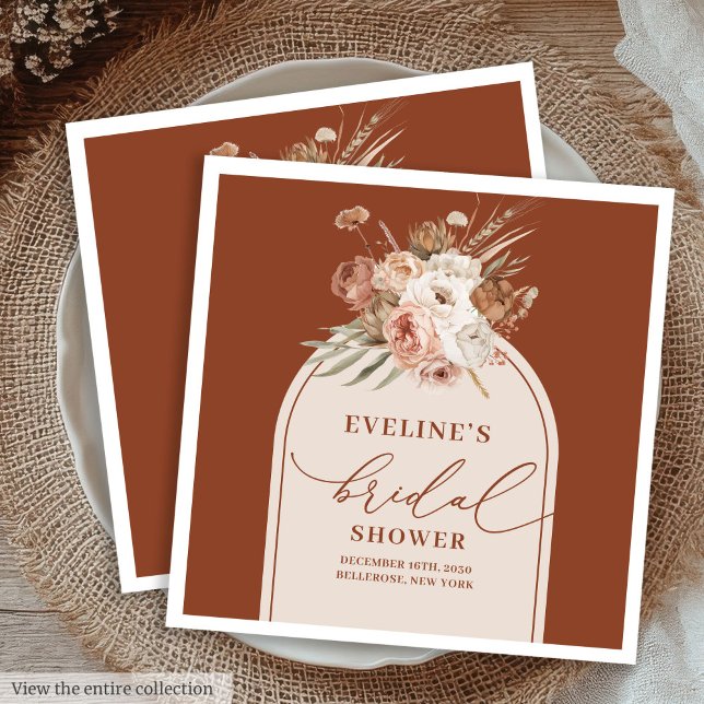 Terracotta Boho Floral Napkins for Bridal Shower  (Watercolor Terracotta Pampas Napkins for Bridal Shower)