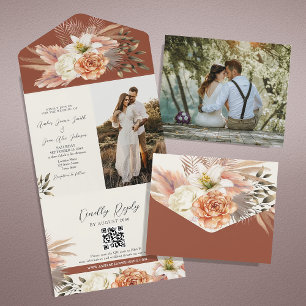 Terracotta Boho Floral Rustic Wedding All In One Invitation