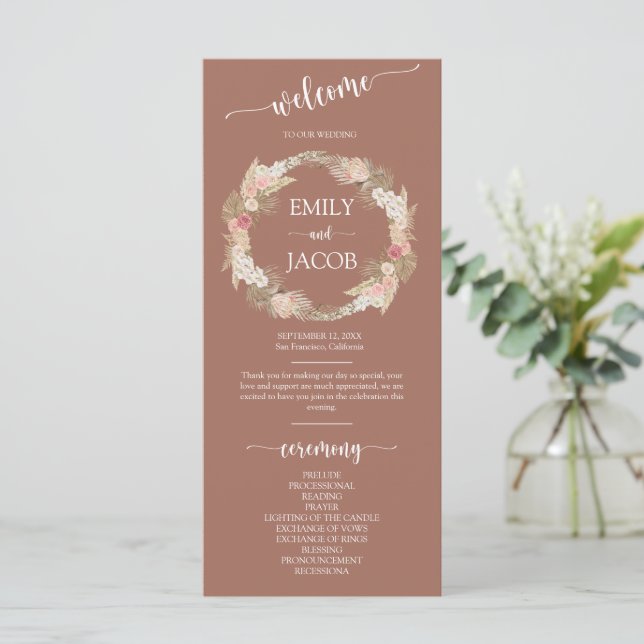 Terracotta Boho Floral Wreath Wedding Flat Program Programme (Standing Front)