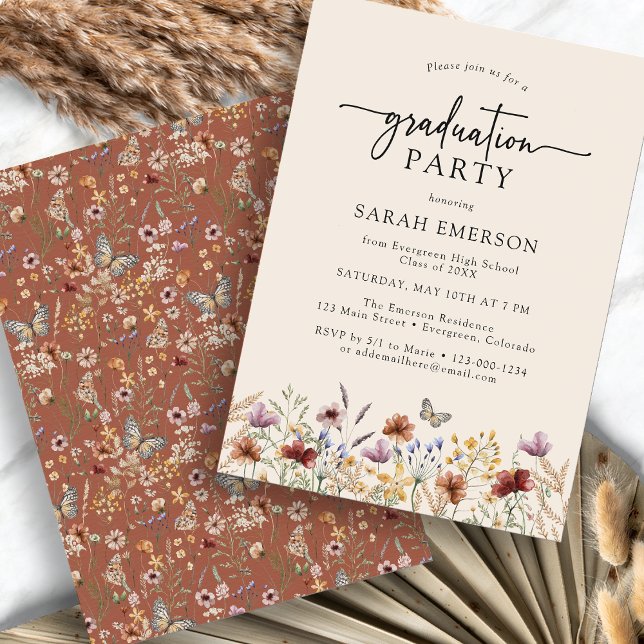 Terracotta Boho Graduation Invitation (Terracotta Boho Floral Graduation Invitation with Butterfly by Painted Paperie
)