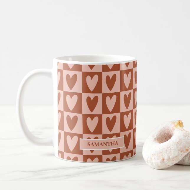 Terracotta Boho Hearts Valentine’s Gift Coffee Mug (With Donut)