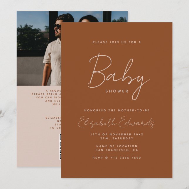 Terracotta Boho Minimal Photo QR Code Baby Shower Invitation (Front/Back)