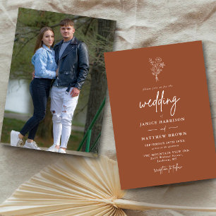 Terracotta Boho Minimalist Botanical Photo Wedding Invitation