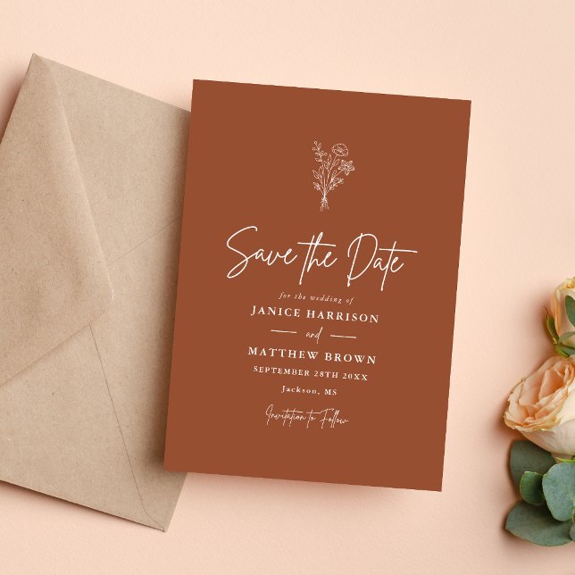 Terracotta Boho Minimalist Botanicals Wedding Save The Date (Terracotta boho botanical save the date adds earthy warmth and sets a cozy tone for your wedding.)