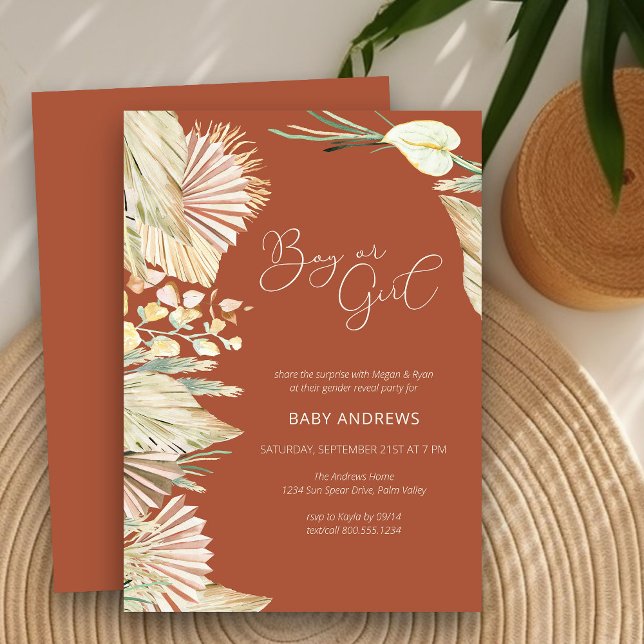 Terracotta Boho Palm Dried Foliage Gender Reveal Invitation (Gender Reveal Invitation Card in terracotta with boho palm leaves)