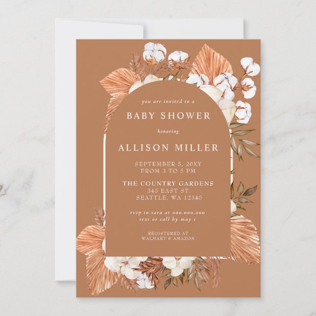 Terracotta Boho Pampas Arched Baby Shower Invitation (Front)
