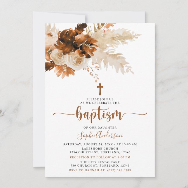 Terracotta Boho Pampas Grass Baptism Invitation (Front)
