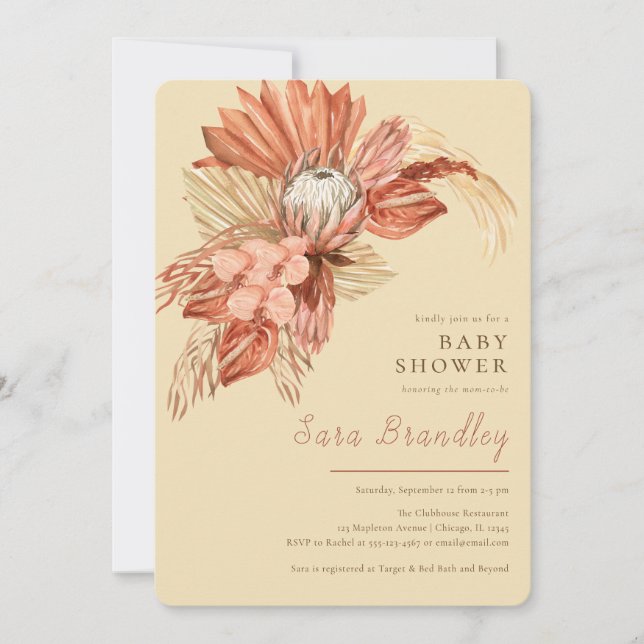 Terracotta boho pampas grass proteas Baby Shower Invitation (Front)