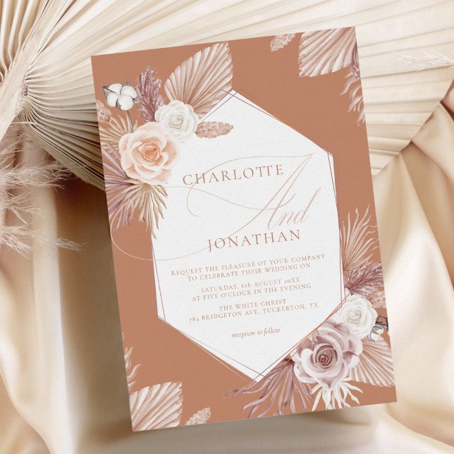 Terracotta Boho Pampas Grass Wedding Invitation (Creator Uploaded)