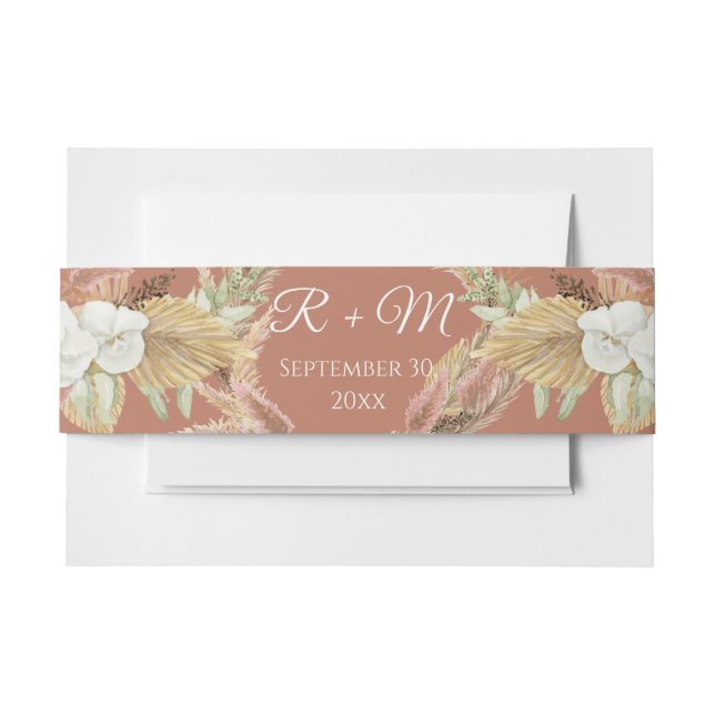 Terracotta BOHO Pampas White Blush Floral Fan Palm Invitation Belly Band (Front Example)