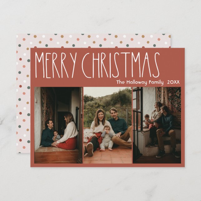 Terracotta Boho Polka Dot Christmas Three-Photo Holiday Card (Front/Back)