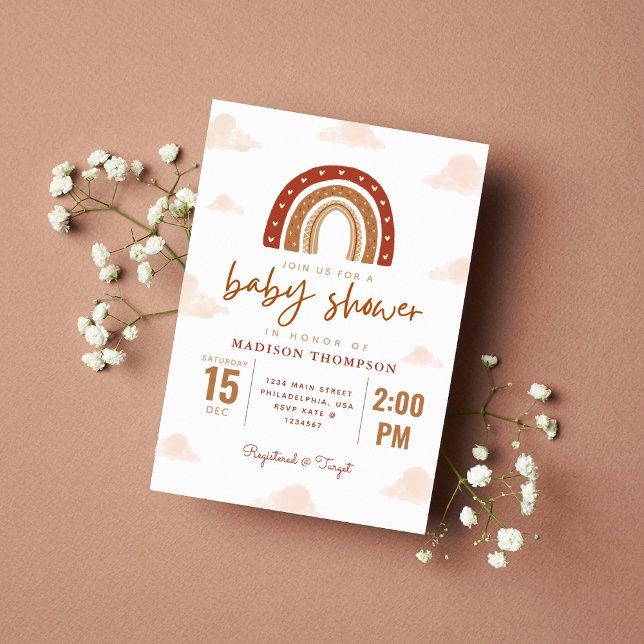 Terracotta Boho Rainbow Clouds Baby Shower Invitation (Creator Uploaded)