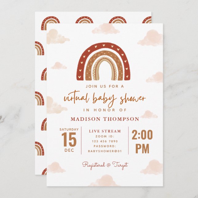 Terracotta Boho Rainbow Clouds Virtual Baby Shower Invitation (Front/Back)