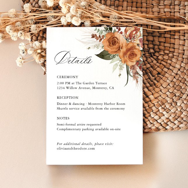 Terracotta Boho Rose Wedding Details, Ceremony Enclosure Card (Terracotta rose floral wedding details card, boho garden wedding stationery with watercolor, pampas)
