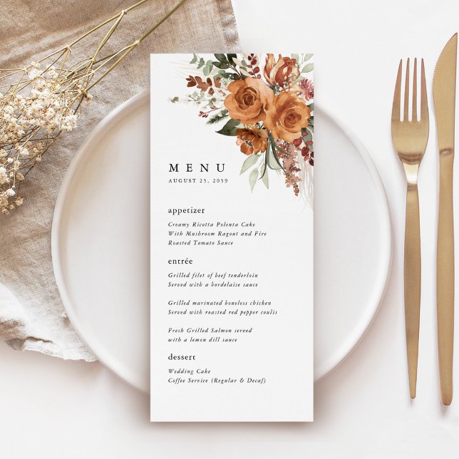 Terracotta Boho Rose Wedding Reception Dinner Menu (Terracotta rose floral wedding menu card with watercolor roses, elegant typography, table setting)