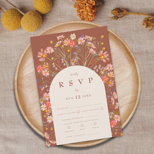 Terracotta Boho Rustic Floral Arch Meal Options RSVP Card (Terracotta burnt orange beige boho rustic wildflower floral arch fall wedding RSVP card Watercolor )