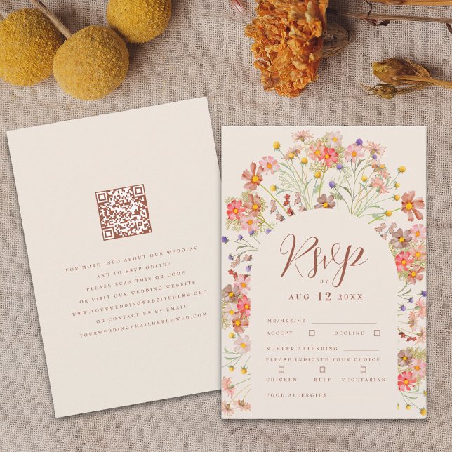 Terracotta Boho Rustic Floral Wedding Meal Options RSVP Card (Boho fall rustic wildflower floral arch qr code wedding rsvp card Terracotta burnt orange and beige )