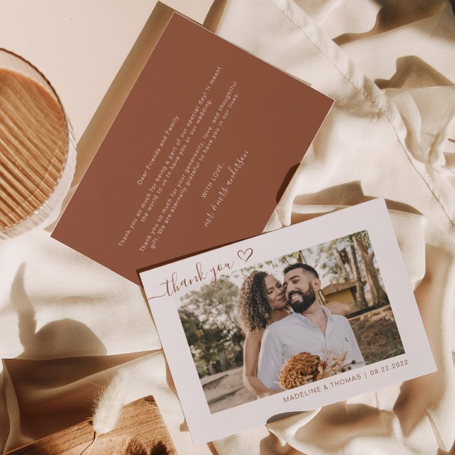 Terracotta Boho Simple Photo Heart Script Wedding Thank You Card (Creator Uploaded)