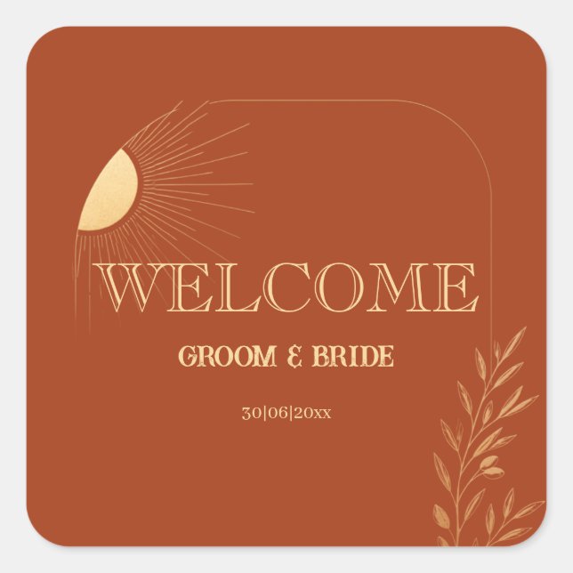 Terracotta Boho Sun Welcome Wedding  Square Sticker (Front)
