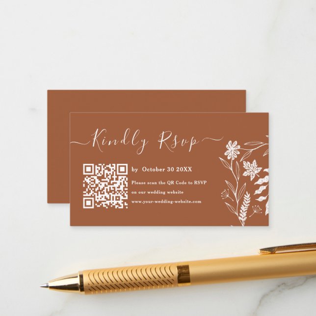 Terracotta Boho Typography QR Code RSVP Wedding Enclosure Card (Front/Back In Situ)