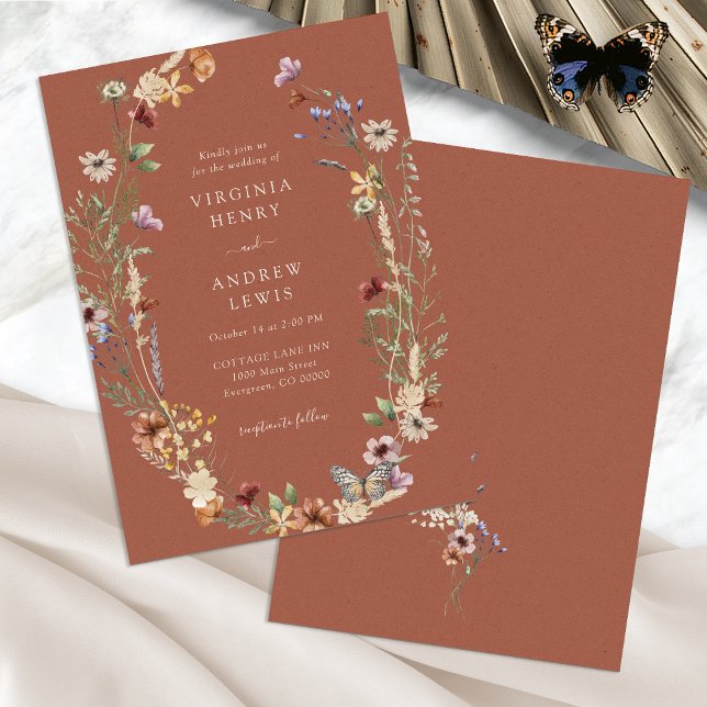 Terracotta Boho Wedding Invitation (Terracotta Wildflower Boho Wedding Invitation with Butterfly by Painted Paperie
)