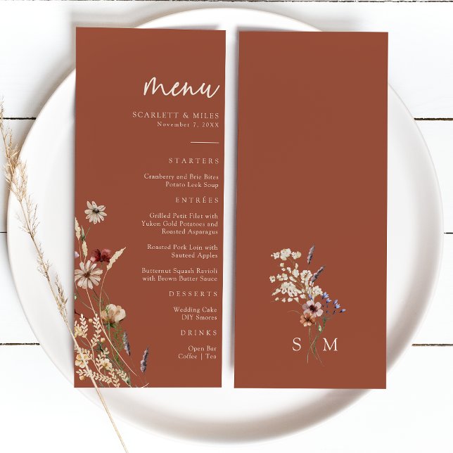 Terracotta Boho Wedding Menu (Terracotta Boho Floral Wedding Menu Monogram by Painted Paperie
)