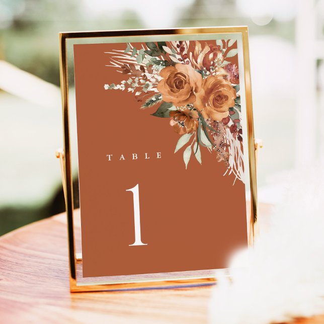 Terracotta Boho Wedding Table Numbers, Rose Floral (Terracotta rose floral wedding table number card with watercolor, elegant boho table, framed indoor)