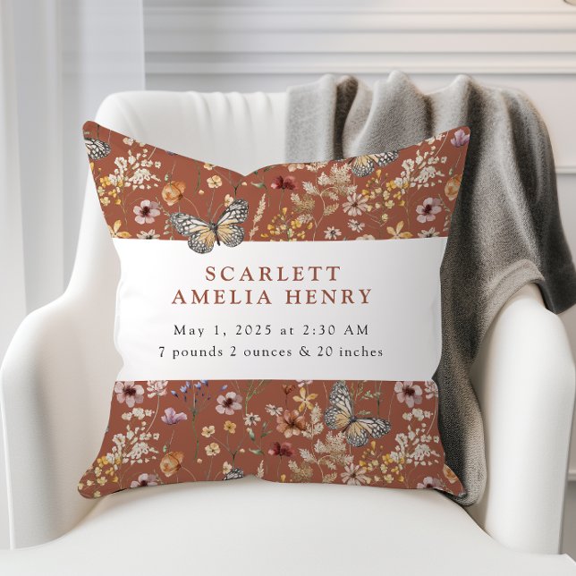 Terracotta Boho Wildflower Baby Stats Cushion (Terracotta Boho Wildflower Baby Stats Throw Pillow with Butterflies by Painted Paperie
)