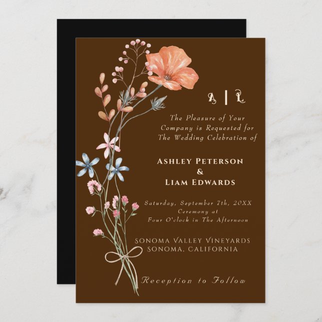 Terracotta Boho Wildflower Fall Wedding Invitation (Front/Back)