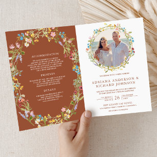 Terracotta Boho Wildflower Photo QR Code Wedding Invitation