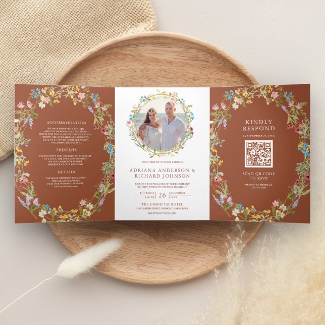 Terracotta Boho Wildflower Photo QR Code Wedding Tri-Fold Invitation (Creator Uploaded)