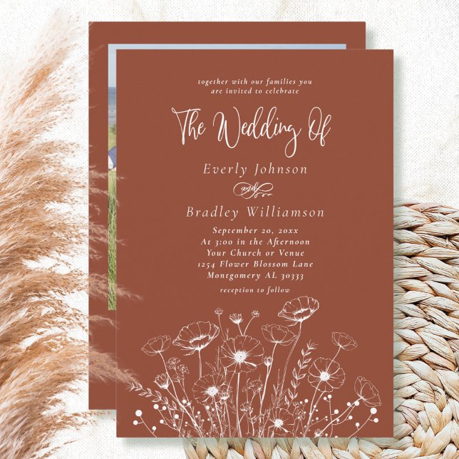 Terracotta Boho Wildflower Script Photo Wedding  Invitation (Creator Uploaded)