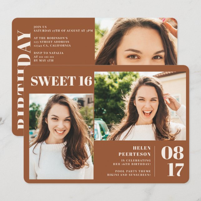 Terracotta bold 3 photos Sweet 16 birthday Invitation (Front/Back)