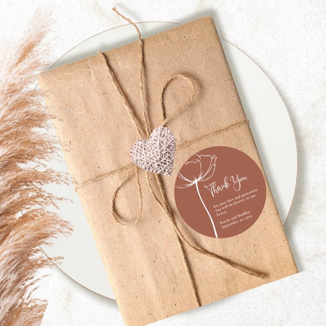 Terracotta Bold Simple Floral Wedding Thank You  Classic Round Sticker (Creator Uploaded)