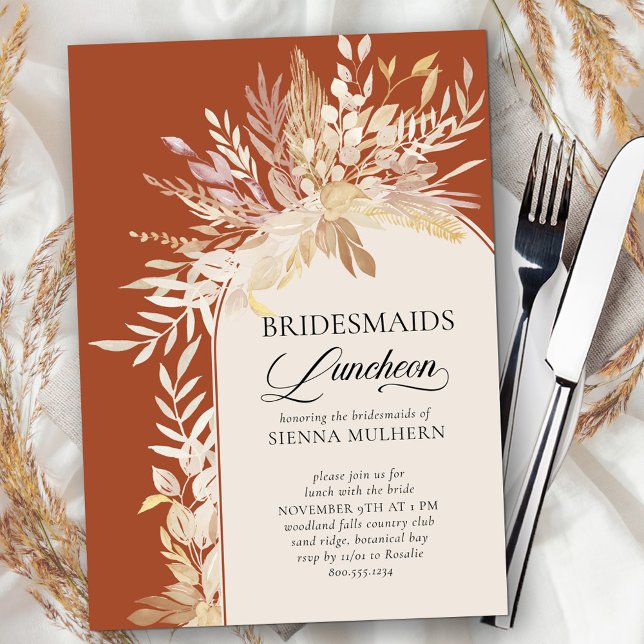 Terracotta Botanical Arch Bridesmaids Luncheon Invitation (Bridesmaids Luncheon invite in terracotta with modern wedding arch framed with neutral fall leaves)
