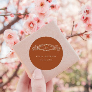 Terracotta botanical crest monogram wedding classic round sticker