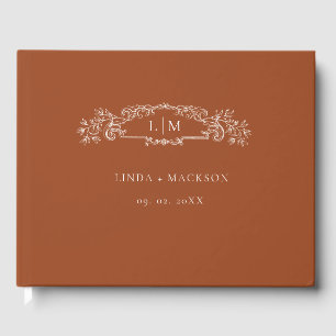 Terracotta botanical crest monogram wedding guest book
