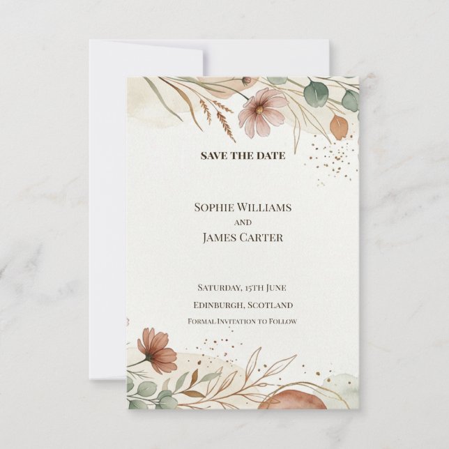 Terracotta Botanical Save The Date Card (Front)