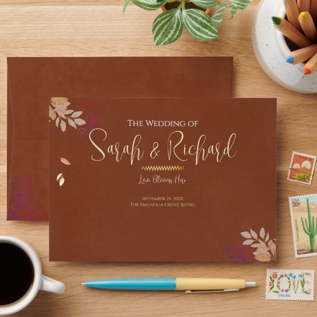 Terracotta Botanical Velvet Luxury Wedding Envelope (Desk)