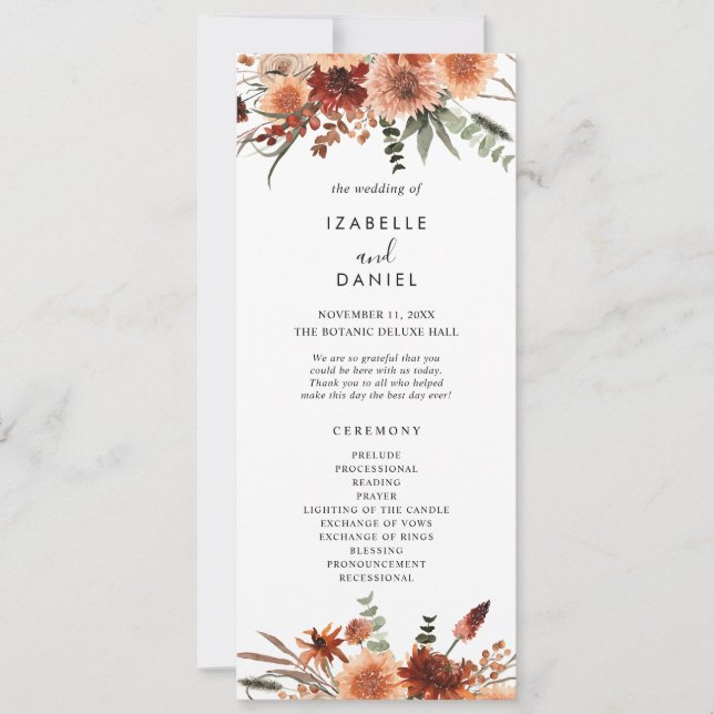 Terracotta Botanical Wedding Ceremony Program Invitation (Front)