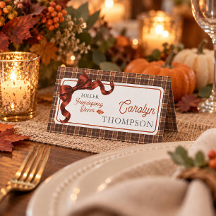 Terracotta Bow Autumn Plaid Friendsgiving Dinner Place Card