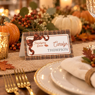 Terracotta Bow Autumn Plaid Friendsgiving Dinner Place Card