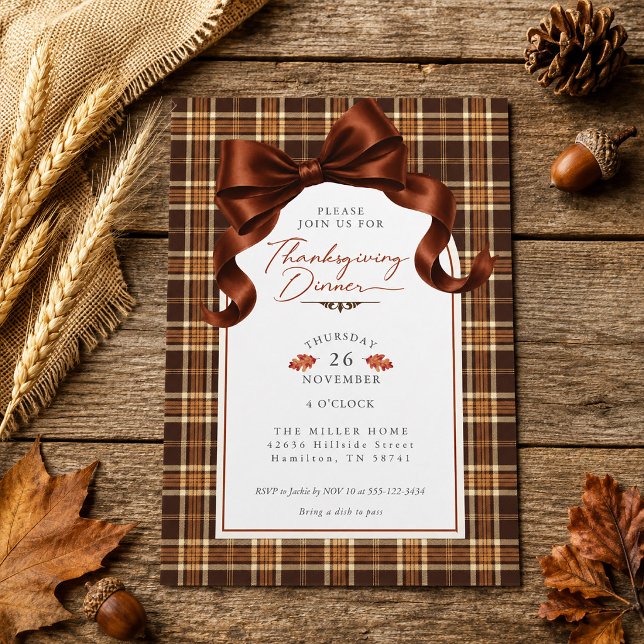 Terracotta Bow Autumn Plaid Thanksgiving Dinner Invitation (Terracotta Bow Autumn Plaid Thanksgiving Dinner Invitation)