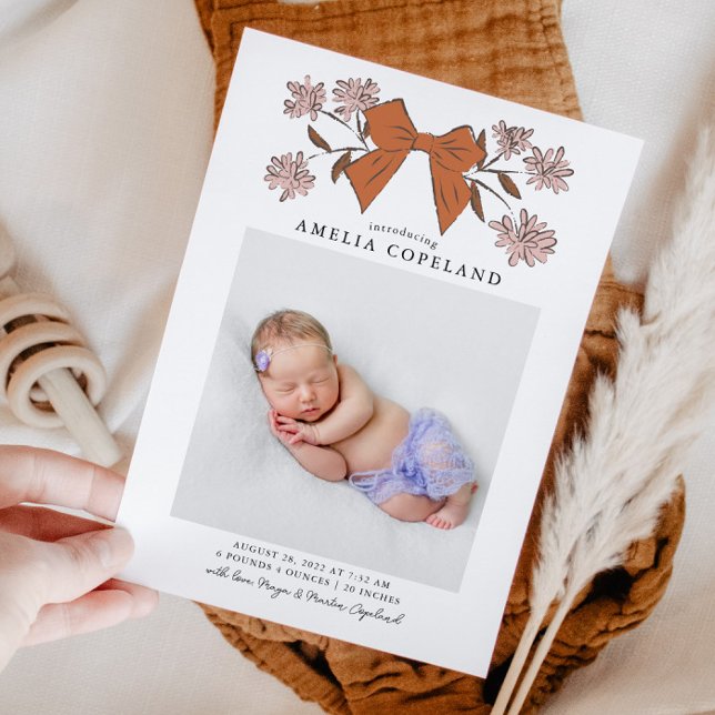 Terracotta Bow Baby Photo Birth Announcement (Creator Uploaded)