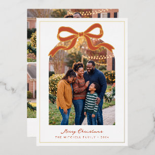 Terracotta Bow Merry Christmas Arched Family Photo