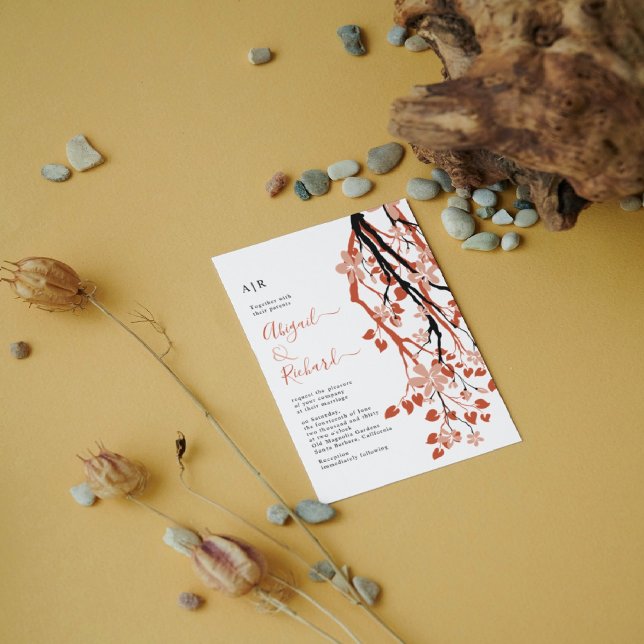 Terracotta branch with flowers initials wedding  invitation (Creator Uploaded)