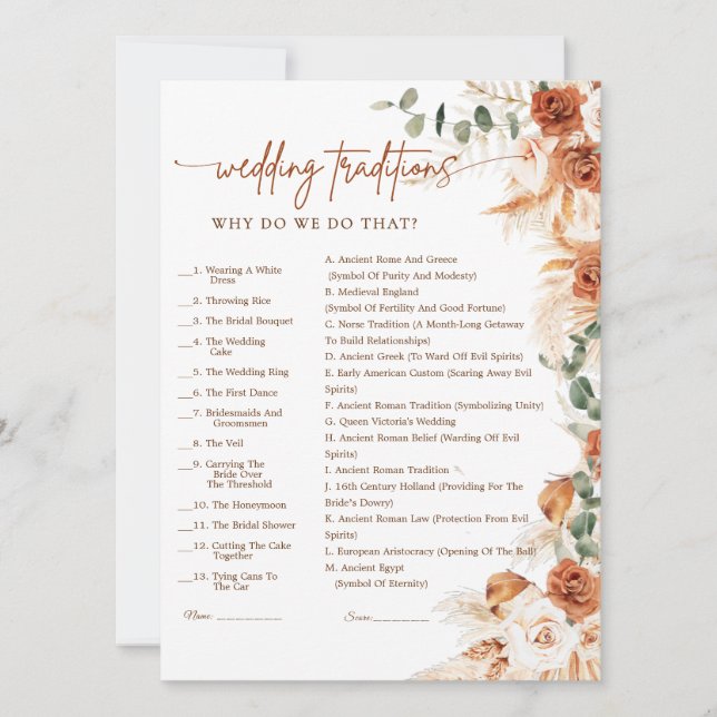 Terracotta Bright Floral Wedding Traditions Game (Front)