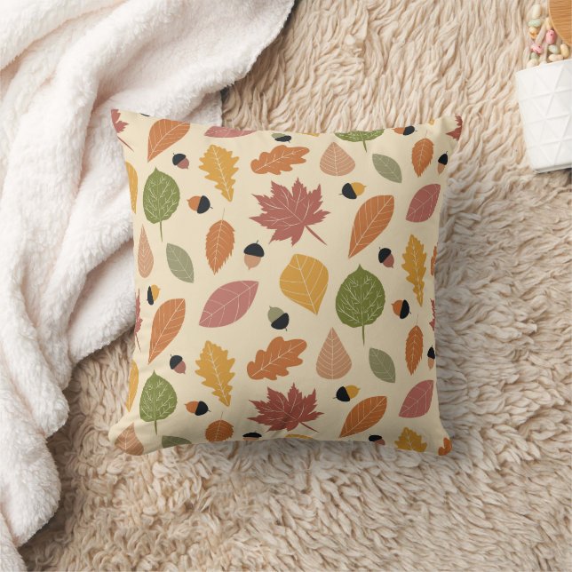Terracotta Brown Green Autumn Leaves Pattern  Cushion (Blanket)