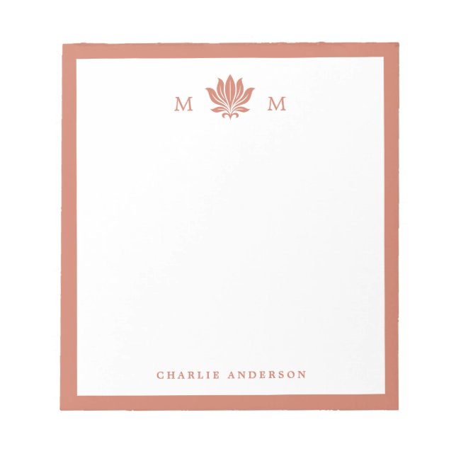 Terracotta Brown Lotus Flower Monogram Notepad (Front)