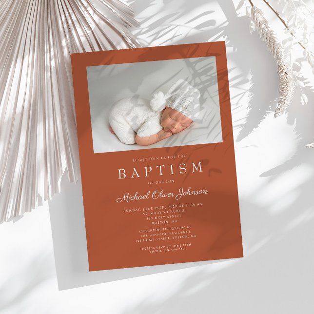 Terracotta Brown Modern Photo Baptism Invitation (Terracotta Brown Modern Photo Baptism Invitation)